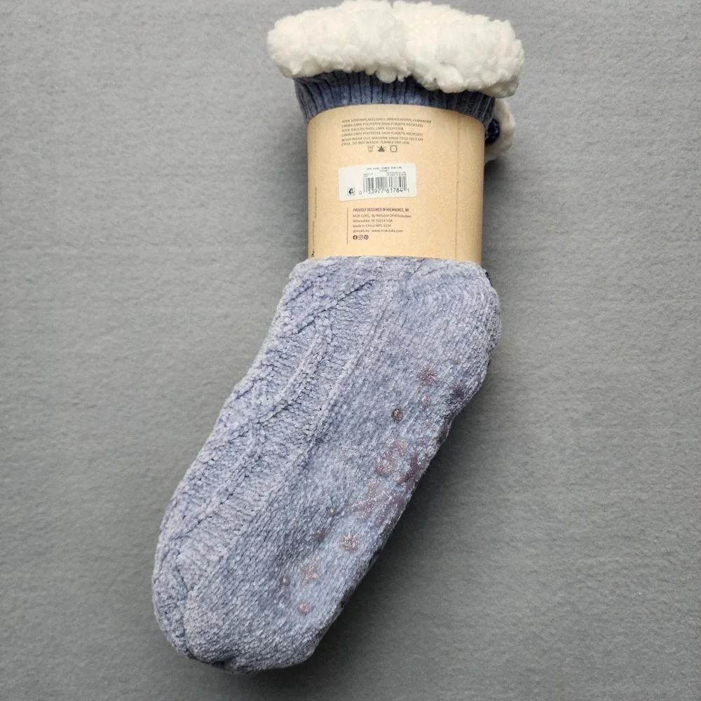 MUK LUKS Cabin Socks 2 Pair Pack Blue Snowflake Chenille Faux Fur Lined L/XL NEW